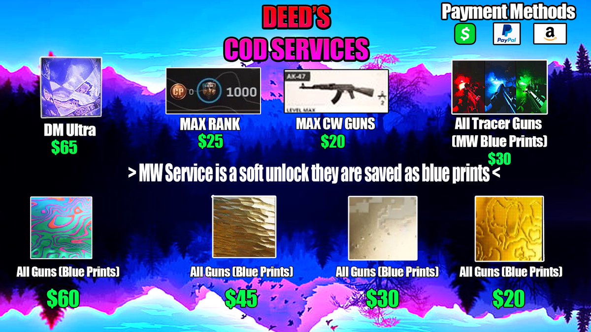 Alr adjusted prices an made a new discord server 

Everything you wanna know about it before you buy is in the discord + random level 1000 giveaways maybe some DMU giveaways 

discord.gg/ke5wCY32RG