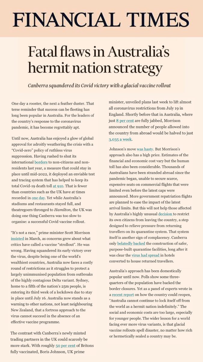 Office of Kevin Rudd, 26th PM of Australia (@mrkrudd) on Twitter photo This editorial from London’s <a href="/FinancialTimes/">Financial Times</a> is how the world now sees Australia. No longer Morrison’s boast as “the envy of the world”. Nope. He squandered that. He who insisted vaccination was “not a race”. Well it bloody well was. And is. This editorial from London’s <a href="/FinancialTimes/">Financial Times</a> is how the world now sees Australia. No longer Morrison’s boast as “the envy of the world”. Nope. He squandered that. He who insisted vaccination was “not a race”. Well it bloody well was. And is.