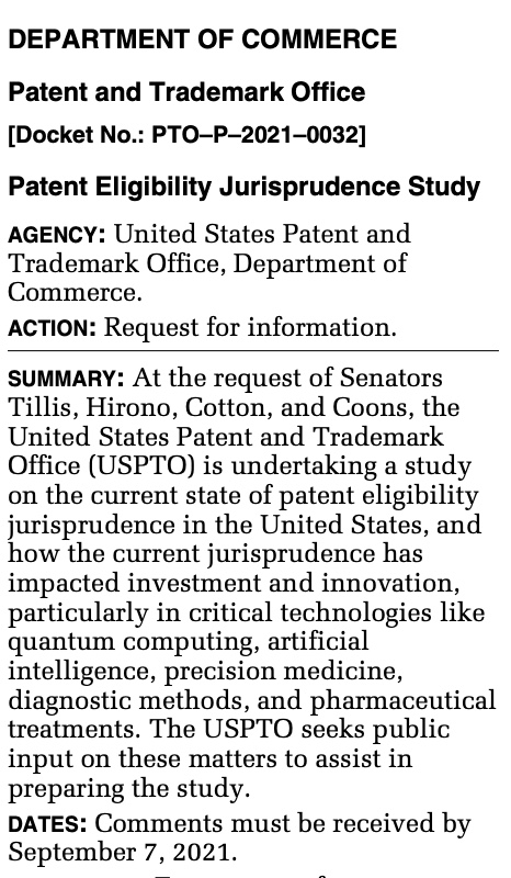 The US Patent Office is looking at the impact of patents on areas such as quantum computing, AI and networking (because they seem to kill innovation) → federalregister.gov/documents/2021… #patents
