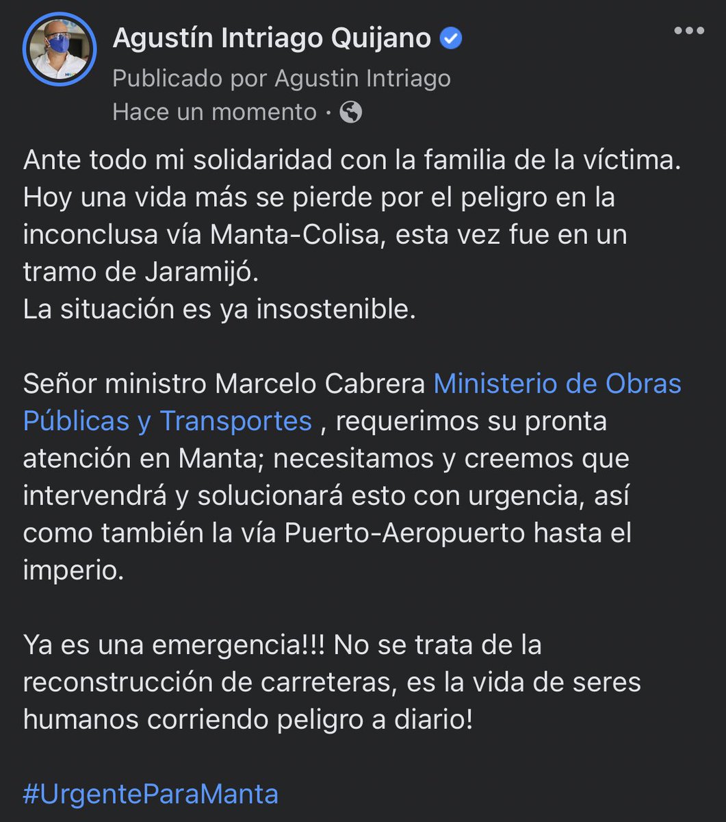 agustinintriago's tweet photo. Señor ministro @MarceloHCabrera @ObrasPublicasEc, requerimos su pronta atención en Manta; necesitamos y creemos que solucionará esto con urgencia, así como también la vía Puerto-Aeropuerto hasta el imperio. 

Ya es emergencia! Gente corriendo peligro a diario.

#UrgenteParaManta https://t.co/hhy0YN9Kn9