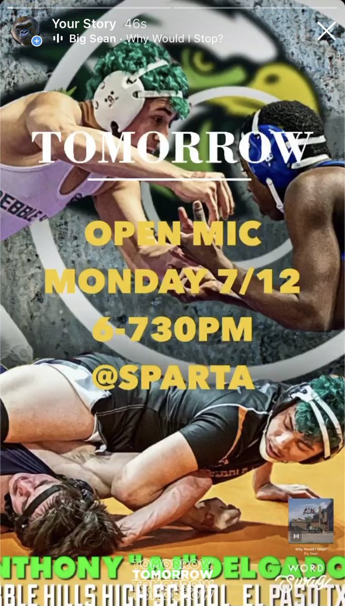 CPanh2o_PHHS's tweet photo. OpenMic Monday@SPARTA
6-730pm ALL HS WRESTLERS WELCOME FREE-FREE-FREE
RT&BRING A FRIEND
🐏🦅🦍❤️🤼♀️🤼♂️
#LUCHA #KEEPMOVINGKEEPSCORING
#GREATER
@gepwca @915Wrestling https://t.co/dxHWivyWD1