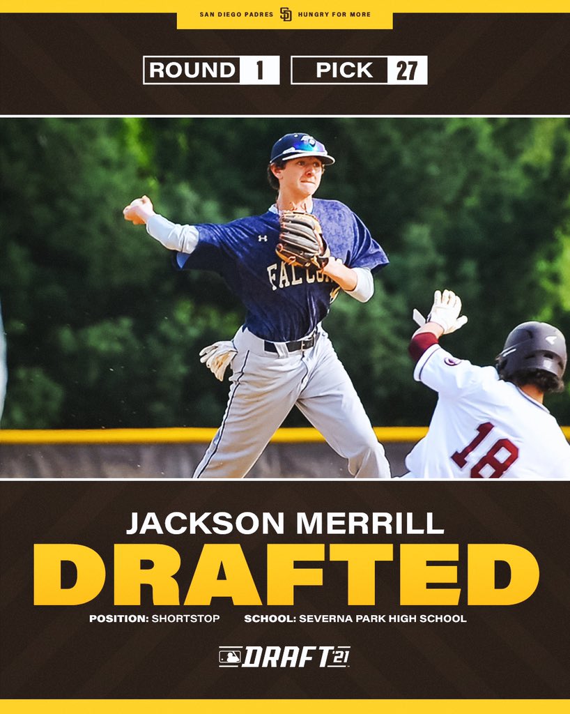 Padres's tweet image. With the 27th pick in the 2021 #MLBDraft, the Padres have selected Jackson Merrill from Severna Park (MD).