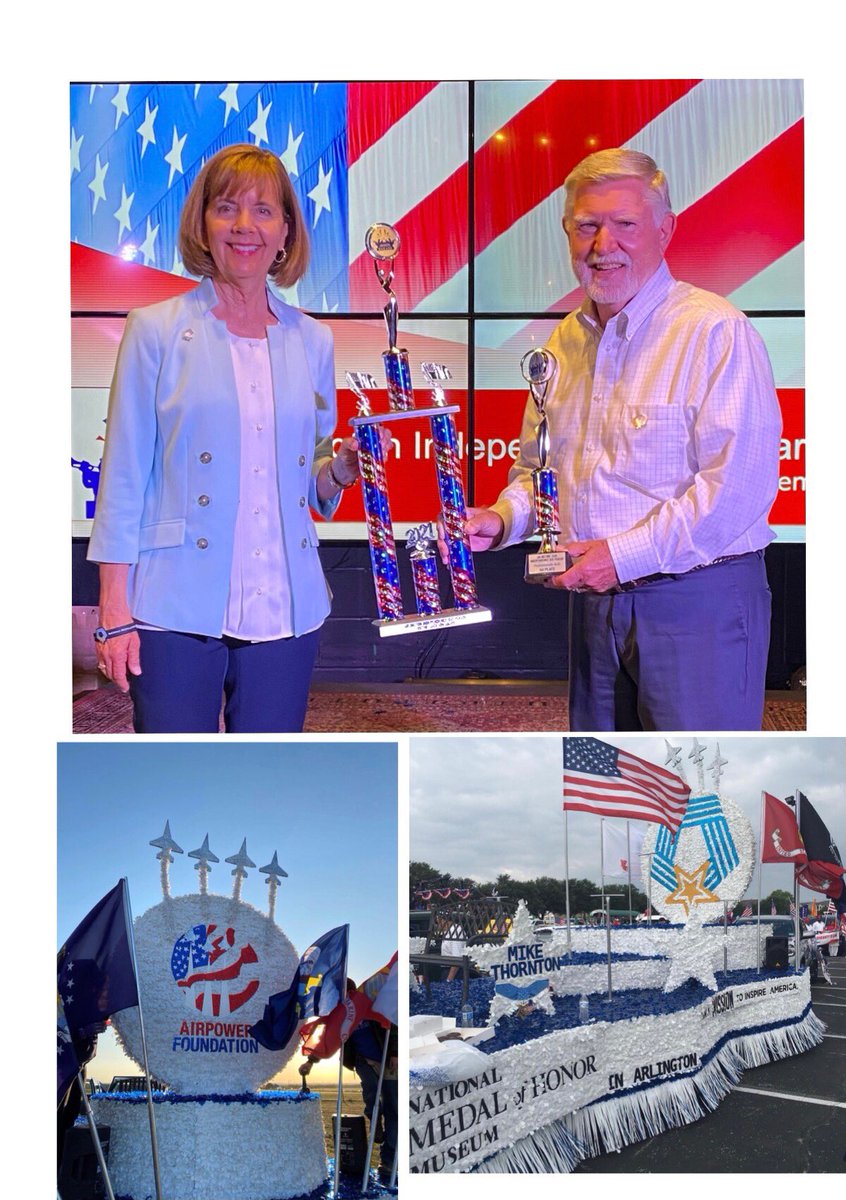 Representing the <a href="/MohMuseum/">National Medal Of Honor Museum</a> and <a href="/AirpowerFDN/">Airpower Foundation</a> Kristen Vandergriff and Sid Eppes accepting the trophies for the 1st Place Overall Ruthie Jackson Award for the best float and 1st Place for Professionally Built float in the Arlington 4th of July Parade! 🇺🇸