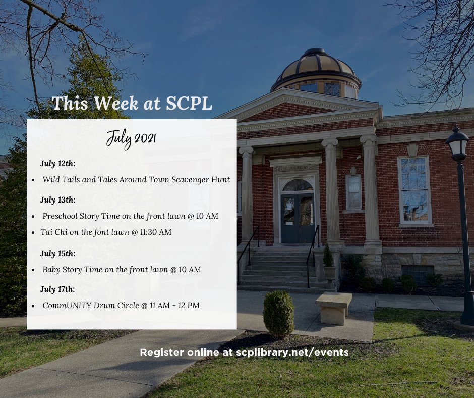 SCPLibraryKY's tweet image. This week at SCPL July 12, 2021 - July 18, 2021. We hope to see you soon!

#scplibrary #shelbyky #kylibraries