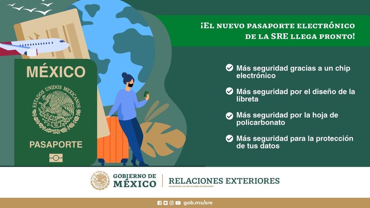 SRE_mx's tweet photo. ¡Queremos brindarte un mejor servicio!

Por ello, el nuevo pasaporte electrónico contará con medidas que lo harán más confiable y seguro. https://t.co/FICTkpTI9V