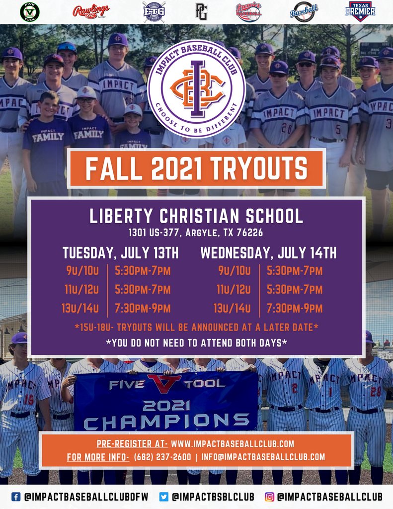48 HOURS: Impact Baseball Club's Fall 2021 tryouts will be held on Tuesday, July 13th and Wednesday, July 14th.

We will be announcing details for the 15u-18u tryouts that will be held at a later date. If you have any questions you can contact us at info@impactbaseballclub.com.