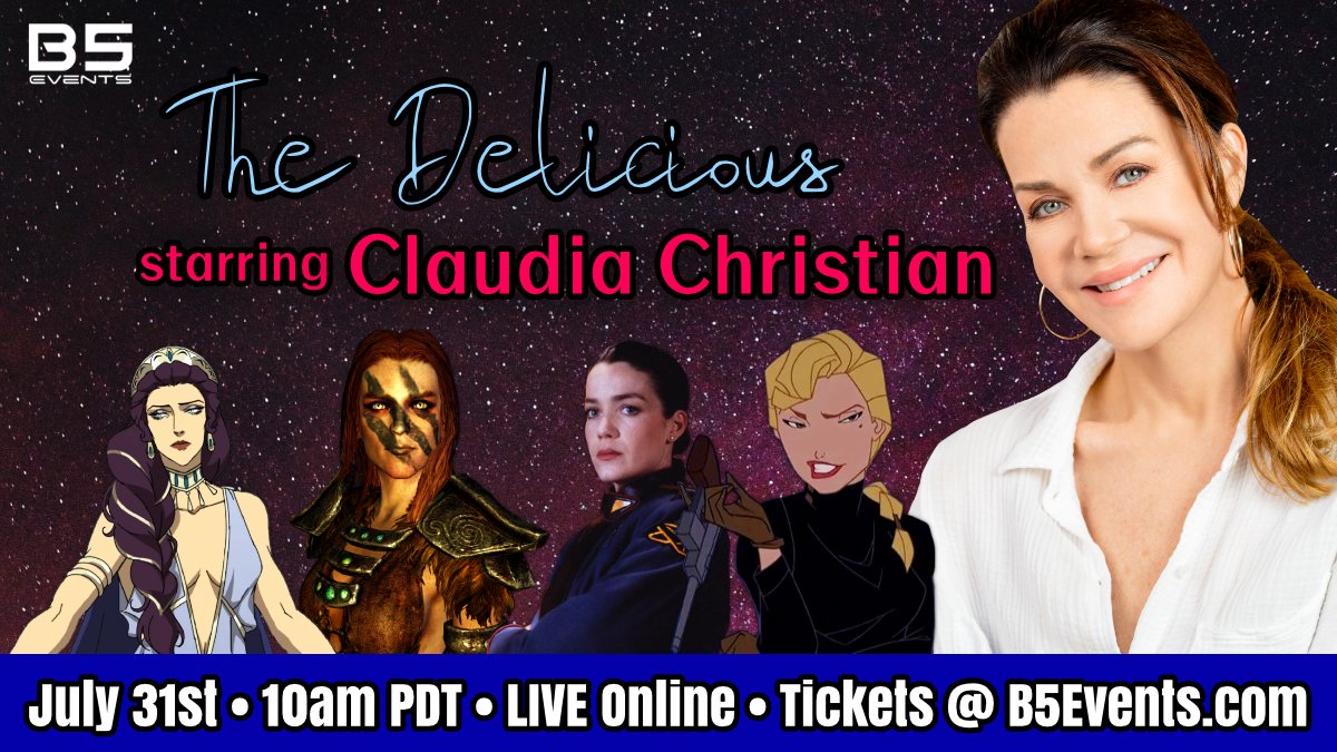 b5_events's tweet photo. Early Bird discount ends THURSDAY! B5Events INTERVIEWS is proud to present The Delicious starring Claudia Christian! July 31st at 10am PDT ONLINE - replays sent with every ticket PLUS VIP Party tickets available. Register at https://t.co/udEKUY7r00 #babylon5 #susanivanova #skyrim https://t.co/KaxMDE90ut
