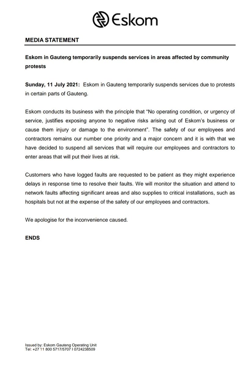 SayEntrepreneur's tweet photo. Eskom suspends service in areas affected by #FreeJacobZuma protests ie Mpumalanga, Gauteng and  KZN https://t.co/2RzgeEgFaY