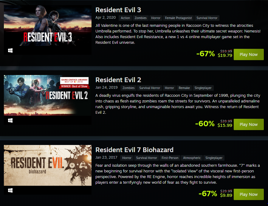 3115Game's tweet photo. Bro, you HAVE to capitalize on these deals, the new Resident Evil games hit different. Especially streaming it with drinking punishments for deaths....

#residentevil #steam #solidgame https://t.co/cnk5LaY5jC