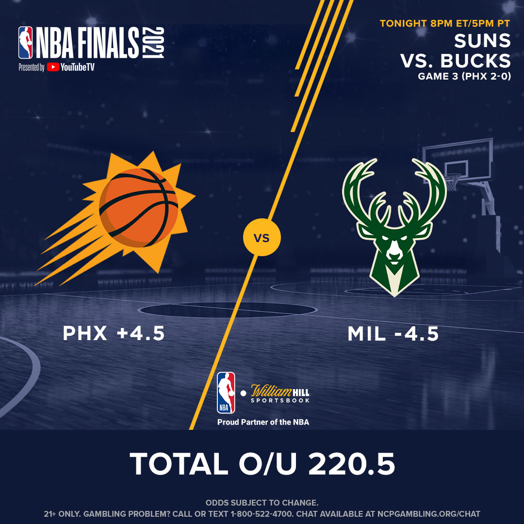WilliamHillUS's tweet photo. Coming 🆙
#NBAFinals
Game 3⃣
Suns 🆚 Bucks
Suns up 2-0

Trends at William Hill 📈
Spread: 53% of tix &amp; 63% of dollars on MIL
Total: 61% of tix &amp; 50% of dollars on OVER
ML: 58% of tix on PHX; 74% of dollars on MIL

What are you taking? 🏀 https://t.co/0LXfmM7qMe