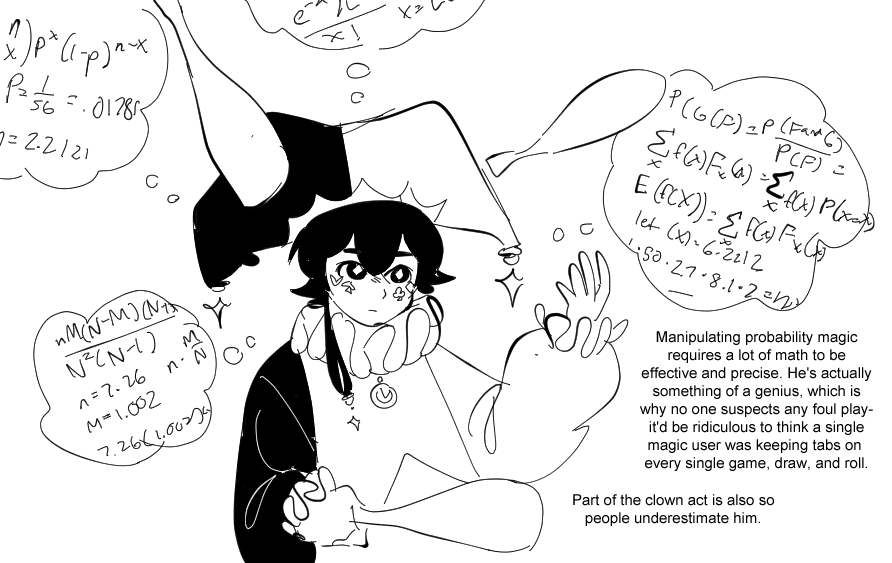 more clownsona lore. he works in a casino, both to perform and to ensure that the house always wins 