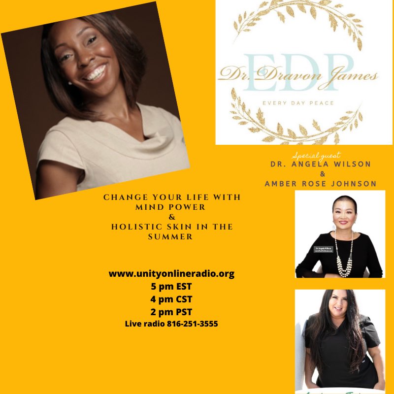 Join the conversation!!! unlock &amp; utilize your unconscious mind with Dr. Angela Wilson. benefits of dry brushing summer skin with Amber Rose Johnson on the Dr. Dravon James Every Day Peace show.  
Monday 2pm PST, 4pm CST, 5pm EST
unityonlineradio.org
816-251-3555