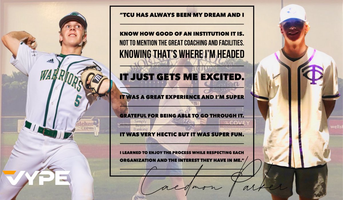 VYPE Houston (@vypehouston) on Twitter photo “TCU has always been my dream”
<a href="/BaseballTwca/">TWCA Baseball</a> alum and <a href="/TCU_Baseball/">TCU Baseball</a> signee @caedmonparker21 sent this statement to VYPE on withdrawing from 2021 #MLBDraft and electing to go to TCU in the fall. Parker is Fort Worth bound! | <a href="/FrogsOWar/">Frogs O’ War</a> “TCU has always been my dream”
<a href="/BaseballTwca/">TWCA Baseball</a> alum and <a href="/TCU_Baseball/">TCU Baseball</a> signee @caedmonparker21 sent this statement to VYPE on withdrawing from 2021 #MLBDraft and electing to go to TCU in the fall. Parker is Fort Worth bound! | <a href="/FrogsOWar/">Frogs O’ War</a>