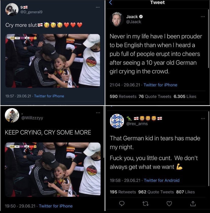 royalkiddo4's tweet photo. #Euro2020Final #eng #England #EnglandvsItaly #EURO2020 #ItaliaInghilterra #ItsComingHome 
How the english fans replied to that young girl is what costed them this💔 https://t.co/euS9h9ThXR