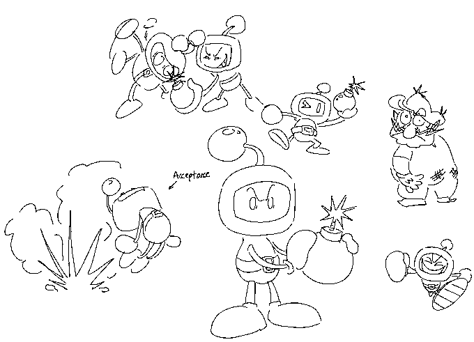 you should draw bomberman with a mouth when needed i think it's cool 