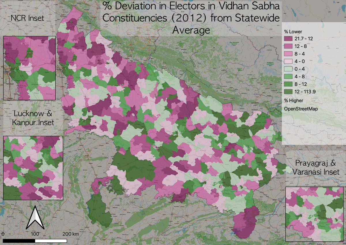 RidhitMaps's tweet photo. This is the deviation map for Uttar Pradesh, India's most populous state. Green areas had more voters than the state average whereas purple areas had fewer voters. A fairly spatial urban-rural divide can be seen on the map. https://t.co/xldqFIdgrq
