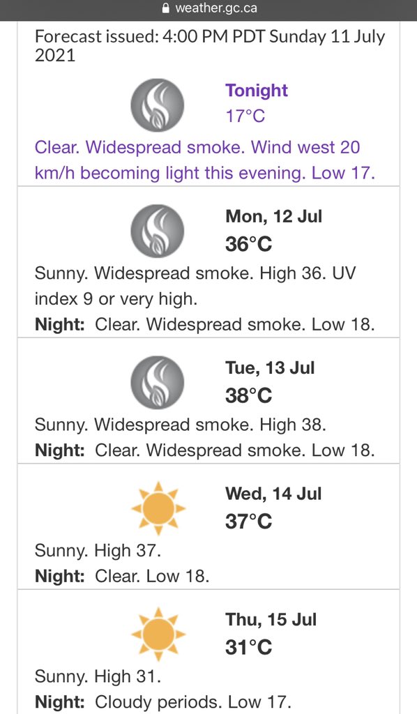 Another heat warning issued for #Kamloops, which looks like it could be in place until Thursday based on the current forecast. Heat warning also applies for #LyttonBC, #CacheCreekBC, #WilliamsLake and other places in between.