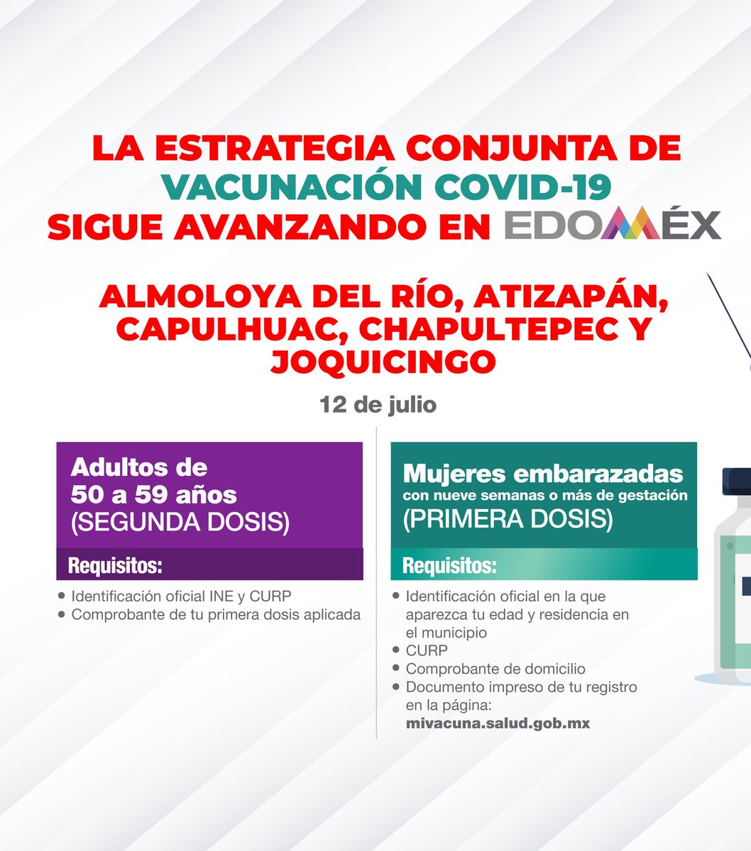 alfredodelmazo's tweet photo. El día de mañana 12 de julio estaremos aplicando la segunda dosis a los adultos de 50 a 59 años y la primera dosis a mujeres embarazadas en #AlmoloyaDelRío, #Atizapán, #Capulhuac, #Chapultepec y #Joquicingo. #EstrategiaDeVacunación https://t.co/HmHYuBkjmb