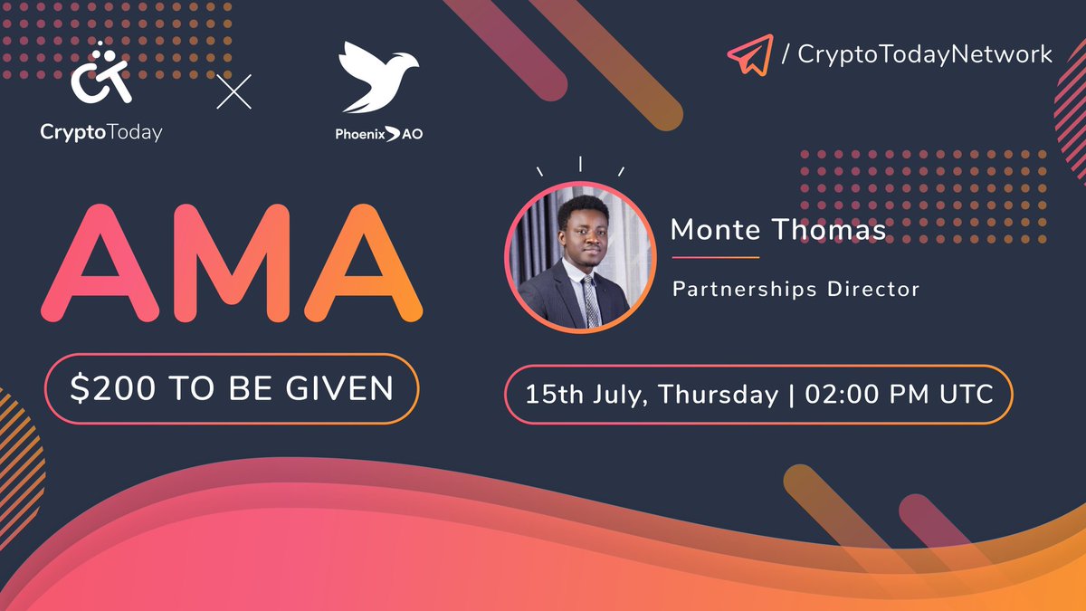 whale_decent's tweet photo. CryptoTodayNetwork will hold an AMA session with @phnxdao on 15th July at 2PM UTC on https://t.co/UWnRbad2RU 🎉

Rewards - 200$  💰 ✨ 

Follow - 
@phnxdao
@CryptoTodayNet

Like, Retweet &amp; comment your question below 👇 https://t.co/cU1zSjIzyO