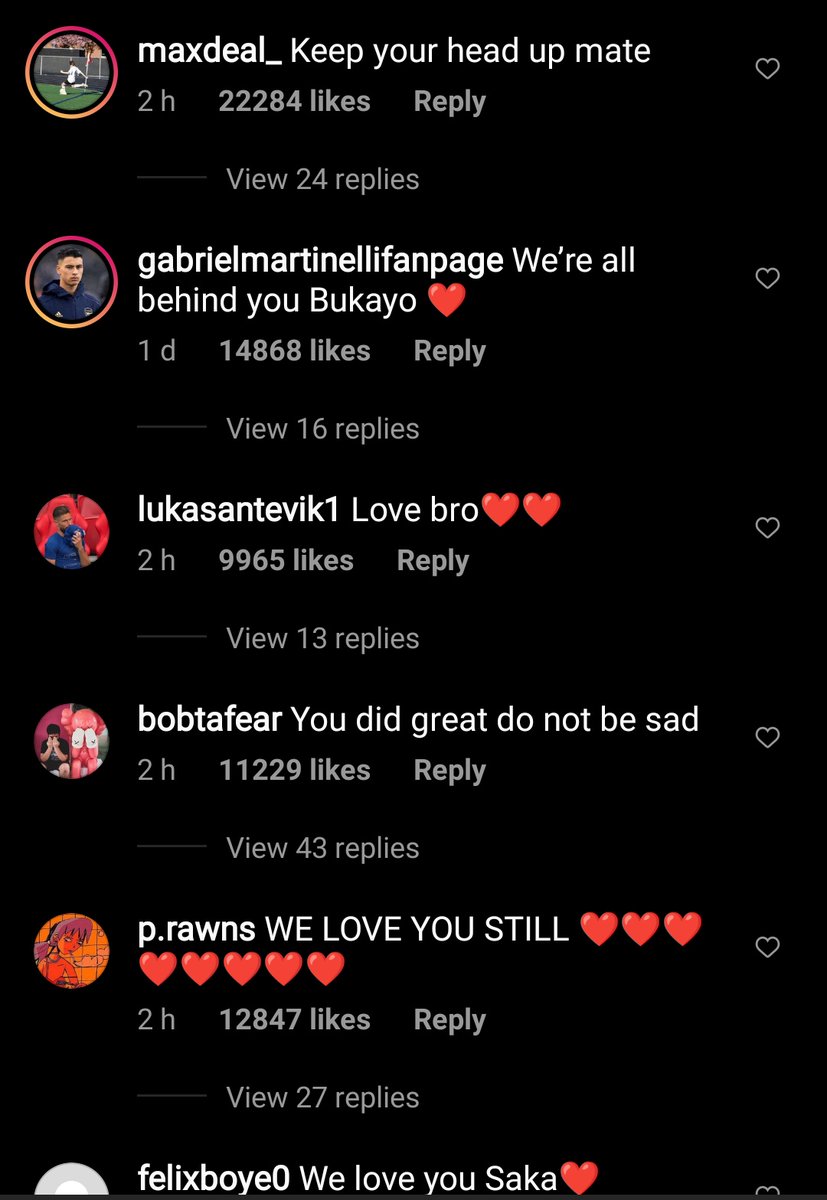misszing's tweet photo. People are now flooding Saka, Sancho and Rashford's IG pages with positivity to drown out all the racist comments ❤️ https://t.co/soBcsfCSIy