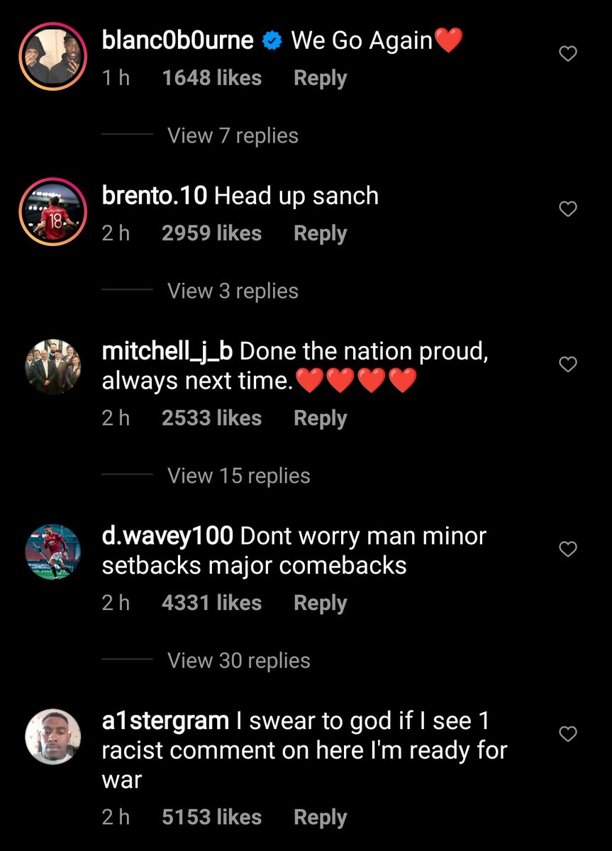misszing's tweet photo. People are now flooding Saka, Sancho and Rashford's IG pages with positivity to drown out all the racist comments ❤️ https://t.co/soBcsfCSIy
