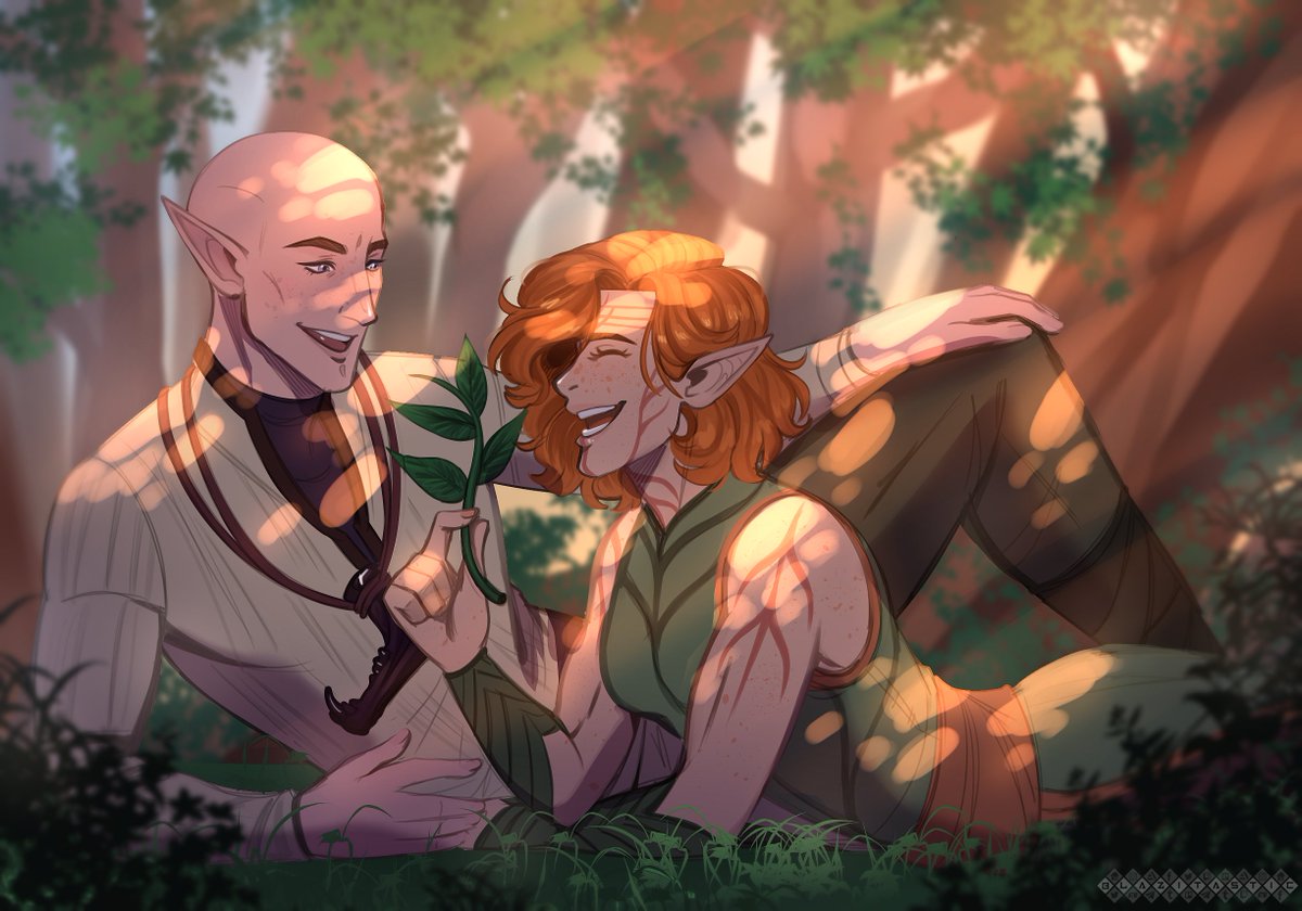 Just two nerds talking about the properties of elfroot 💖

Solavellan piece because i need something cute before trespasser completely destroys me (again) :,D

#DragonAge #dragonagefanart #Solas #Solavellan