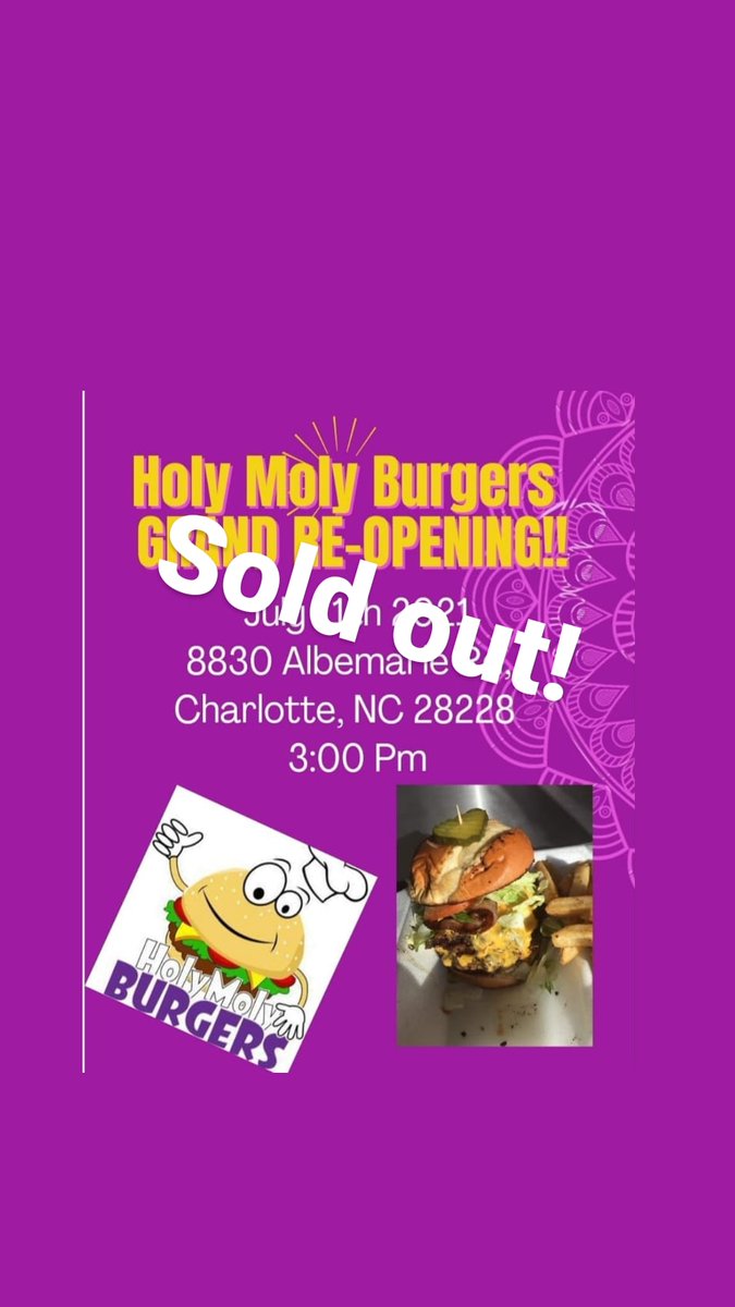 HolyMolyBurge's tweet photo. WE ARE SOLD OUT! see you next time. 
Make sure you turn on your notifications to find out where we will be next time. 

#foodtruck #foodie #holymolyburgers #charlotte #nc #CharlottesFavoriteBurgerTruck https://t.co/ohyEKzHVqA