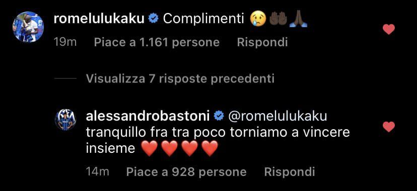 Romelu Lukaku: "Selamat 😢🤲🏿🙏🏿"

Alessandro Bastoni: "tenang sebentar lagi kita akan kembali menang bersama ❤❤❤❤❤"