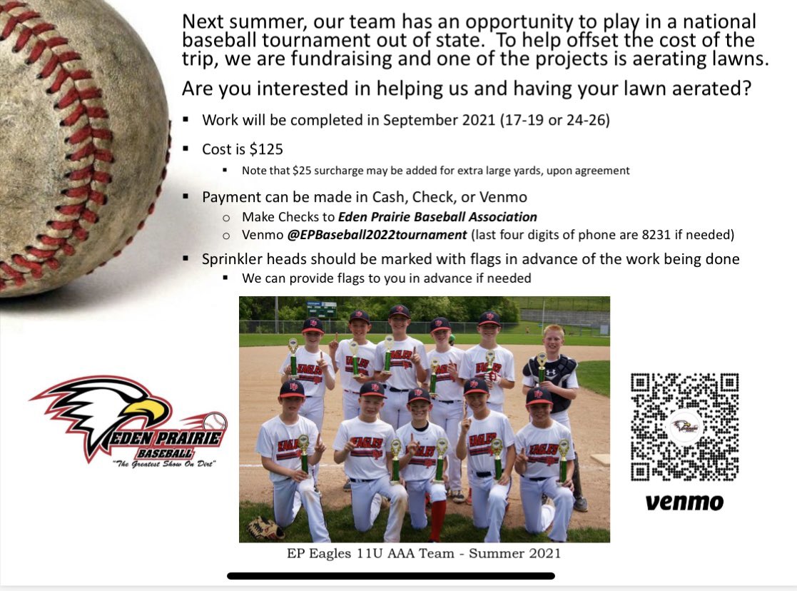 EPBA11uAAA's tweet photo. Eden Prairie residents &amp; baseball supporters - our team is beginning fundraising for a large national tourney next year. We’ll be doing lawn aeration this fall but you can sign up now!  @BaseballEP @EPLegion @EAGLES15AAA @EP_JrLegion @EPLegion2 @EPHSBaseball can we get a retweet? https://t.co/8UzN3GeiQh