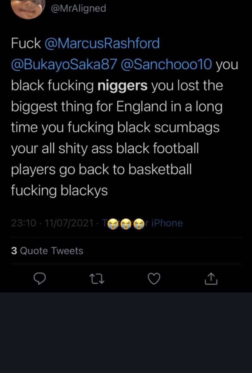 People complain about race politics in football...take 2 minutes tonight to look at the vile racist comments like the ones attached here and in 19 year old Bukayo Saka’s Instagram comments... then you will understand why we are forced to talk about race politics.