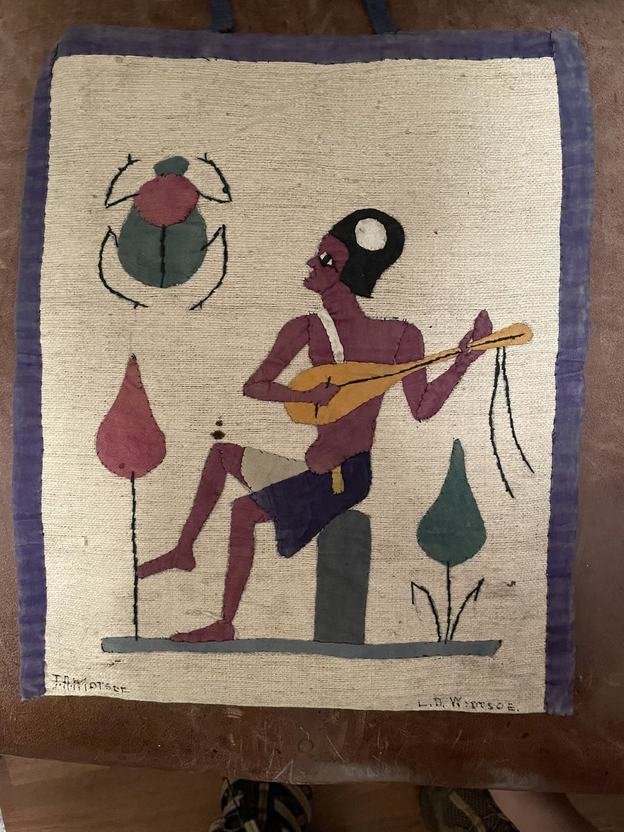 AMHBruce's tweet photo. Among my parents’ things was this tote bag like thing. It is hand stitched. I found it striking and there were two names at the bottom J A Motsoe &amp; L D Widtsoe. I haven’t had any luck finding them in Family Search. Do you think I got the spelling right? https://t.co/hql5Iofour