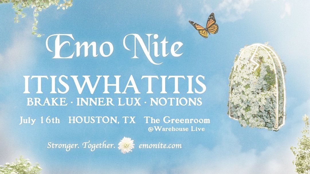 itiswhatitistx's tweet photo. Houston! We’re playing @emonitela THIS FRIDAY @ @warehouselive‼️ Come kick it and get sad with us💋🖤🩸✨ #emooo #emonite https://t.co/AuLXMdySVI