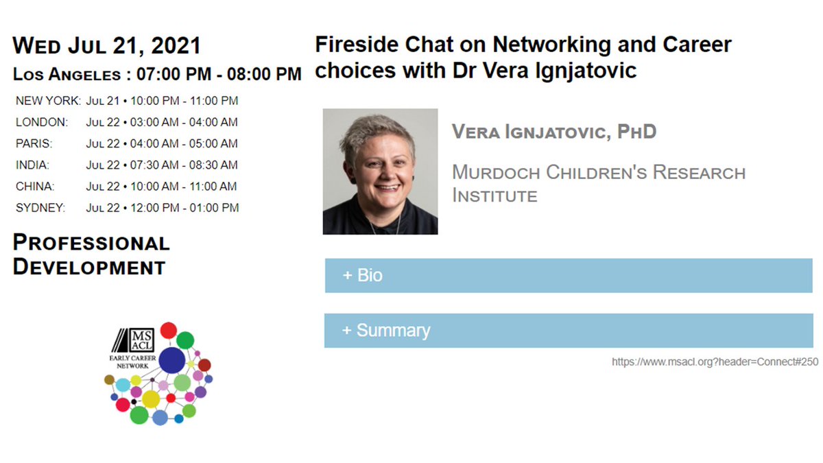 Coming soon on <a href="/MSACL/">MSACL</a>  Professional development session in our fireside chat series with Dr Vera Ignjatovic @IgnitingScience of <a href="/MCRI_for_kids/">Murdoch Children's Research Institute (MCRI)</a>  on #Networking  #Leadership #Careeradvice  for #ECR. Join us on Thu, Jul 22, 2021. 12PM AEST. Register now @ msacl-org.zoom.us/meeting/regist…
