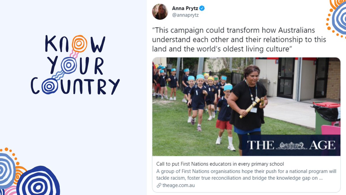 Aunty Phyllis Marsh says one of the best things about teaching students First Nations culture is seeing their responses of wonder and awe. #KnowYourCountry <a href="/theage/">The Age</a> article by <a href="/annaprytz/">Anna Prytz</a> today: theage.com.au/education/call… Sign✍️ knowyourcountry.com.au