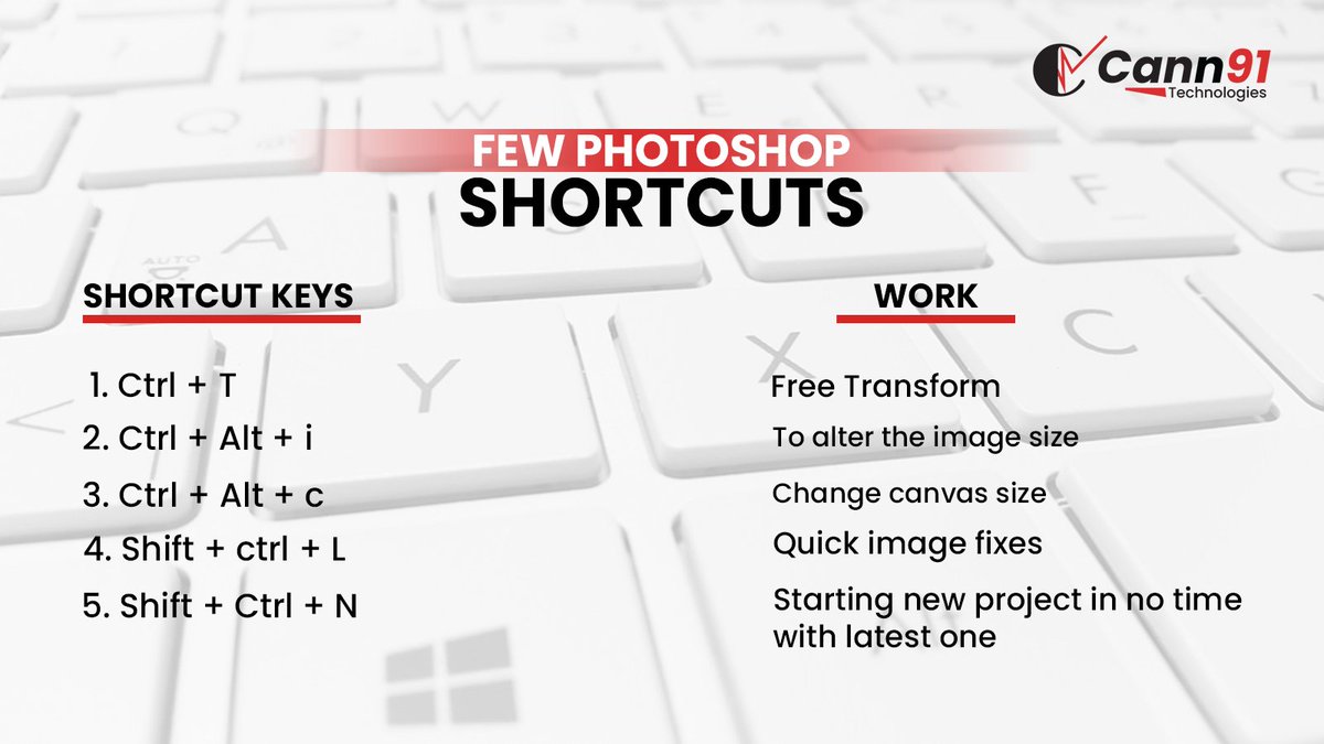 Cann91tech's tweet photo. Shortcuts makes life easier. Same goes with shortcut keys while working on computer. Speed up the workflow with these photoshop shortcuts. Though there are many, we’ve tried to list the most useful ones!
#cann91
#cann91technologies
#imagesize #shortcuts #photoshop
#shortcutkeys https://t.co/Ve0196vKgg