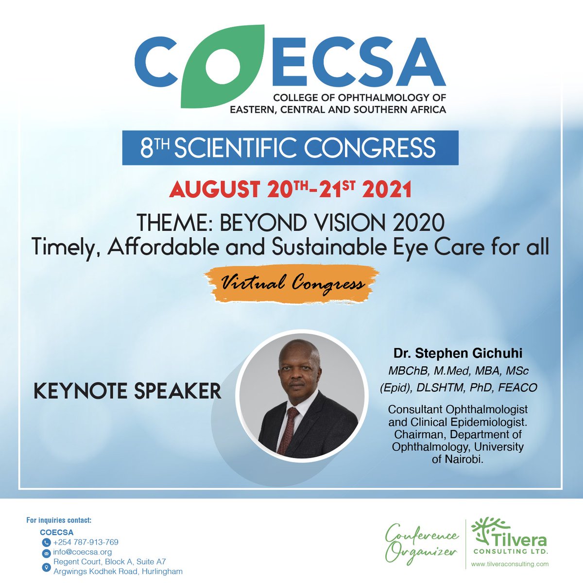 Coecsa_official's tweet photo. Our keynote speaker Dr. Stephen Gichuhi is a Consultant Ophthalmologist and Chair of the Department of Ophthalmology at the University of Nairobi based at the Kenyatta National Referral Hospital

DON'T BE LEFT OUT! Register for the COECSA congress https://t.co/KKtSfd6w5w https://t.co/zN4bV94U87