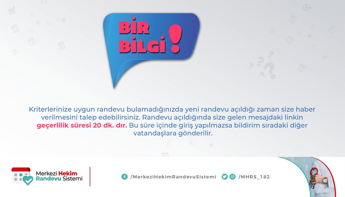 Kriterlerinize uygun randevu bulamadığınızda yeni randevu açıldığı zaman size haber verilmesini talep edebilirsiniz. Randevu açıldığında size gelen mesajdaki linkin geçerlilik süresi 20 dakikadır. Bu süre içinde giriş yapılmazsa bildirim sıradaki diğer vatandaşlara gönderilir.