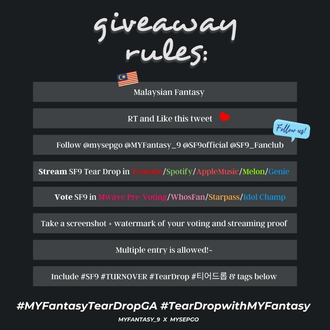 MYFantasy_9's tweet photo. Dear Fantasy 🌌

@MYFantasy_9 X @mysepgo
✨ SF9 Turn Over Giveaway ✨

#MYFantasyTearDropGA #TearDropwithMYFantasy

Deadlines:-
Albums: End of Tear Drop promotion
Streaming pass: by 15/7 6PM

More details ⬇️ https://t.co/0YVa3fi42l