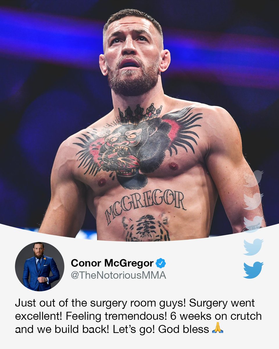 espnmma's tweet photo. Conor McGregor tweeted an update after having successful surgery on his injured leg.

According to his manager, McGregor suffered a fractured tibia and fibula at #UFC264 (via @TheNotoriousMMA, @AudieAttar) https://t.co/MvKSII26EX