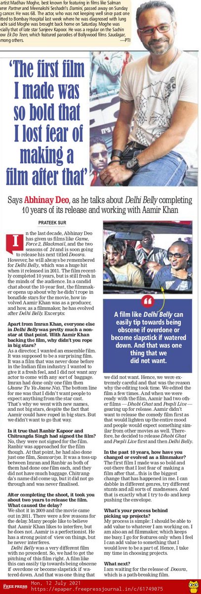 10 years of #DelhiBelly: Director <a href="/AbhinayDeo/">Abhinay Deo</a> talks about the film and working with #AamirKhan 

By <a href="/iPrats/">Prateek Sur</a> 

freepressjournal.in/entertainment/…