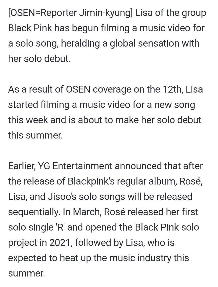 cyanblink's tweet photo. Lisa will start filming a music video for her solo this week and she will debut this summer! She's coming! 🤩 @blackpink https://t.co/AWEZrPltdi