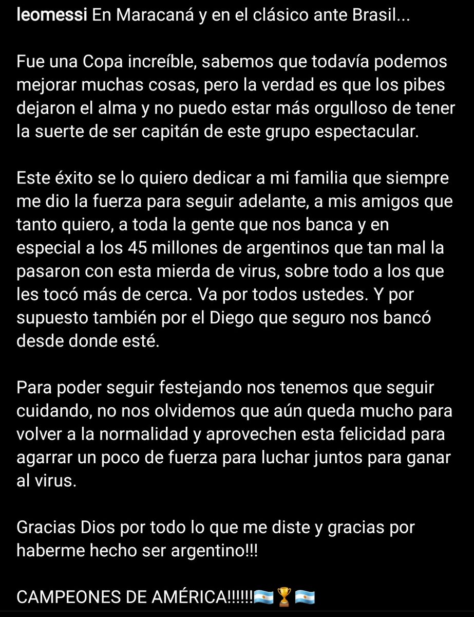 23Marsss's tweet photo. "Gracias Dios por haberme hecho ser ARGENTINO" Todo bien hace...TODOO! GRACIAS PARA SIEMPRE LIONEL ANDRES MESSI! CAMPEON DE AMERICA 🇦🇷🏆🥇 #MESSI https://t.co/RSwupFrnr3