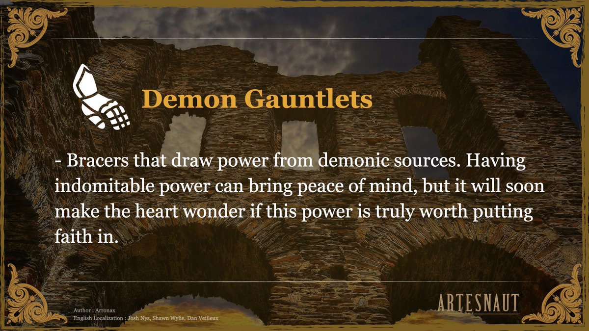 ArtesnautGlobal's tweet photo. Demon Gauntlets
Bracers that draw power from demonic sources. Having indomitable power can bring peace of mind, but it will soon make the heart wonder if this power is truly worth putting faith in.
#Artesnaut #FlavorText #indiegame #fantasy #RPG #indiedev https://t.co/QIXbhjdzmY
