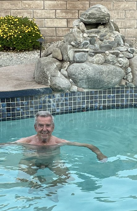 EXHAUSTED—taking the inaugural swim after the move to the new house in Rancho Mirage !  #skinnydip #clothingoptional