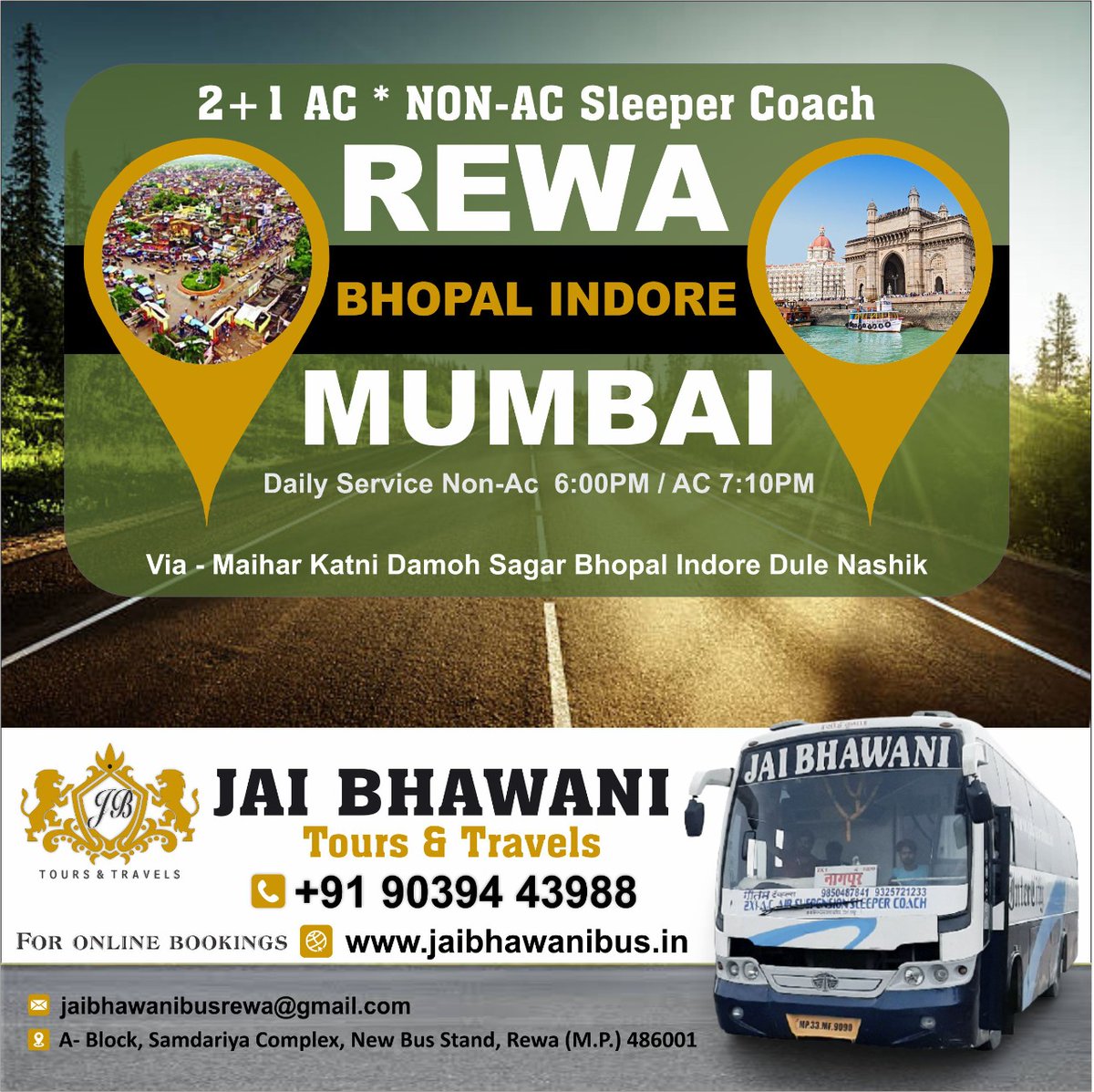 Jbtrewa's tweet photo. 2+1 Ac* Non-Ac sleeper coach

Rewa to Mumbai
Via : Maihar Katni Damoh Sagar Bhopal Indore Dule Nashik
Daily Service.

For Online Booking : https://t.co/ZXwWeQzDz5
Call : +91 9039443988 https://t.co/fHWZlw6Yv5