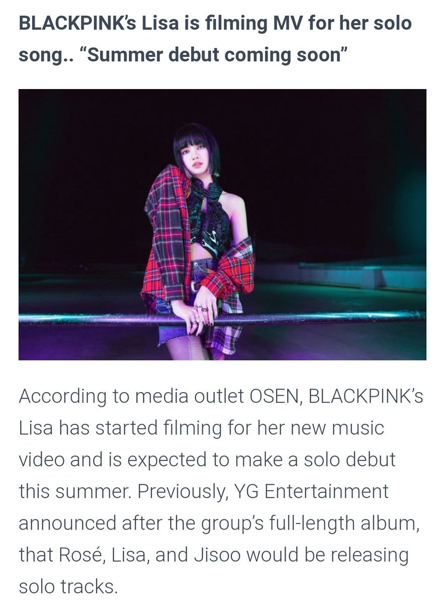 TheBlackPinkHub's tweet photo. A very good morning news to blinks and lilies! Lisa will be filming her MV by next week!

LISA SOLO SOON
@BLACKPINK https://t.co/gtXwwzLWMa