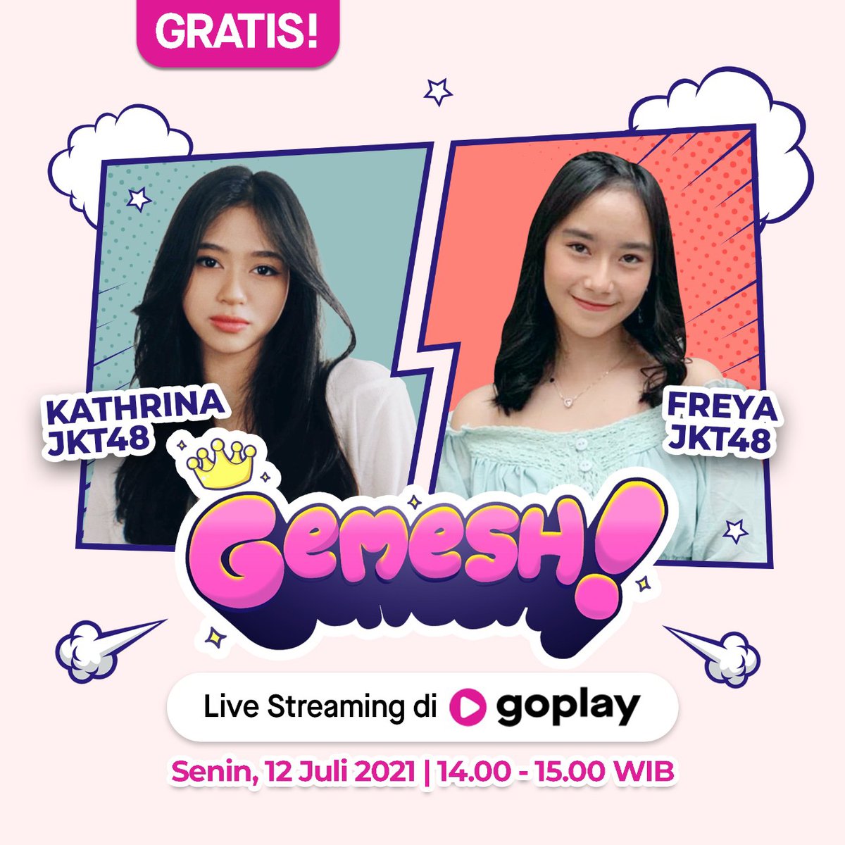 officialJKT48's tweet photo. Turnamen Gemesh Season 2 akan diawali dengan pertandingan @I_KathrinaJKT48 dan @Freya_JKT48 ! Siapa yang akan lanjut ke babak selanjutnya? Yuk, kita saksikan keseruan hanya di “GEMESH” siang ini pukul 14.00 WIB, livestreaming hanya di @GoPlayIndonesia https://t.co/Qde61L79Zi https://t.co/xh74QMTdHI