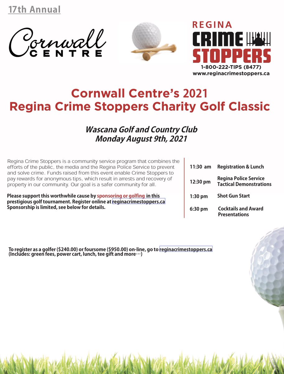 bjizzle56's tweet photo. Looking for sponsors and 4somes, signup now Cornwall Centre’s @YQRCrimestopper Golf Tourney. To register, please visit https://t.co/H8UQbPsPkD. For further info, please contact Ryan Blair at 306-531-5955 or send a message to golftournament@reginacrimestoppers.onmicrosoft.com https://t.co/yLONr0VlAE
