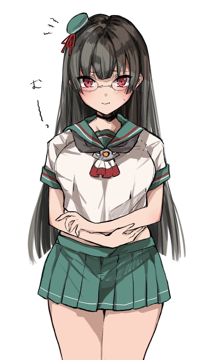 choukai (kancolle) 1girl solo long hair black hair skirt red eyes glasses  illustration images