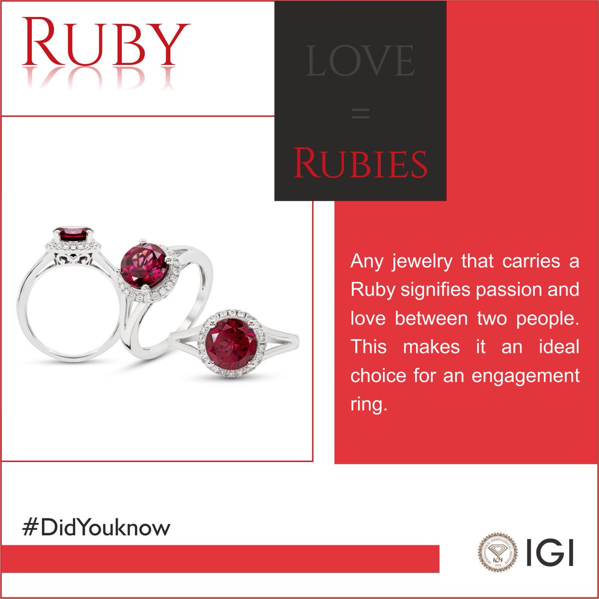 igiworldwide's tweet photo. Any jewelry that carries a Ruby signifies passion and love between two people. This makes it an ideal choice for an engagement ring.
#birthstone #igibillionsmiles #igi #ruby #rubyrose #rubyfacts #allaboutruby #rubyred #redruby #rubymonth #love #rubylove #coloroflove #july https://t.co/dCaNOzSjoh